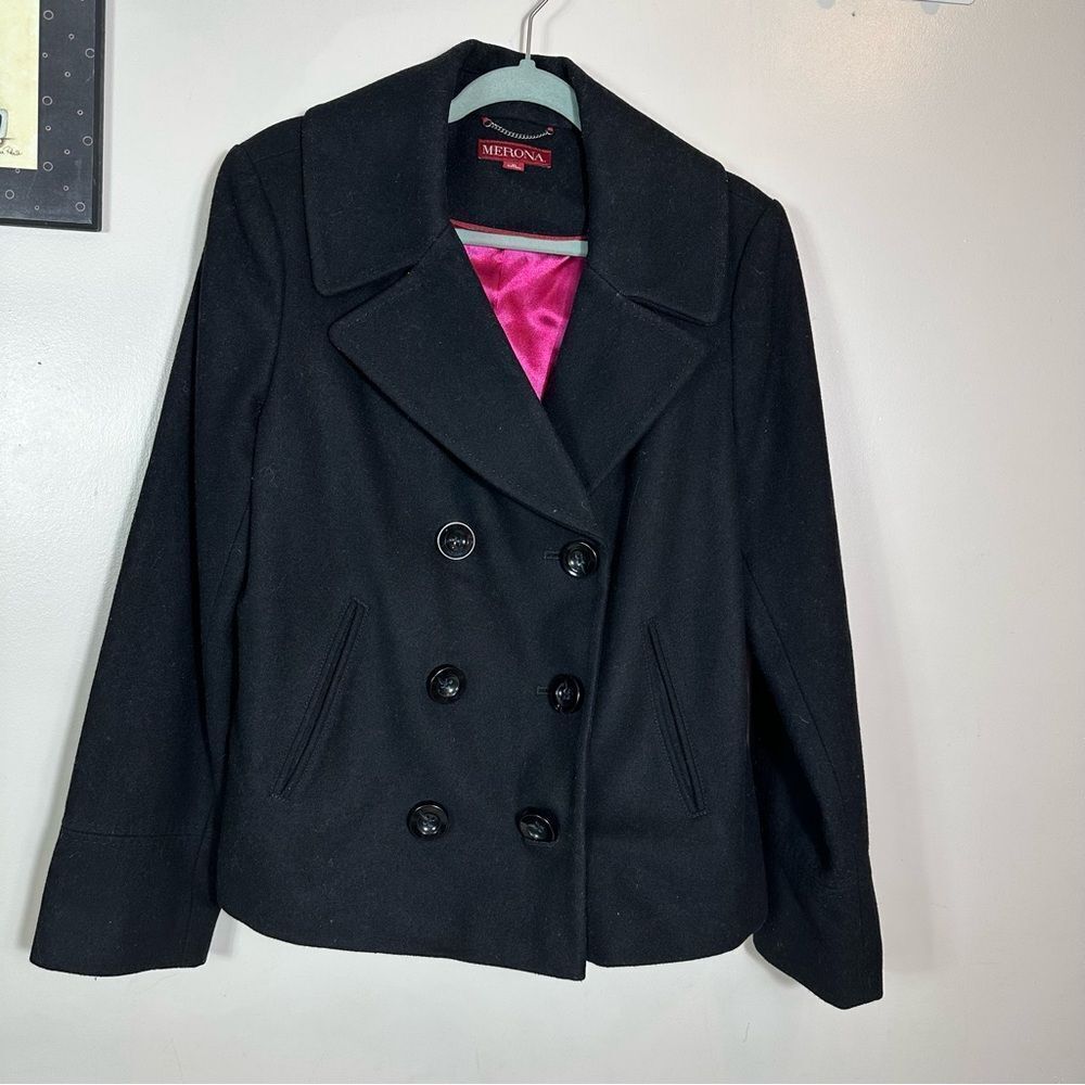 Merona Black Peacoat with Pink Lining 65 % wool
